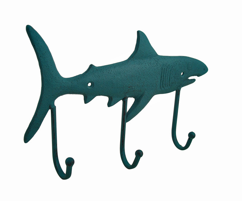 Teal Blue Cast Iron Shark Shaped Decorative Wall Hook Rack: Nautical Charm for Your Ocean-Themed Decor, 12.5 Inches Long,