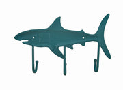 Teal Blue Cast Iron Shark Shaped Decorative Wall Hook Rack: Nautical Charm for Your Ocean-Themed Decor, 12.5 Inches Long,