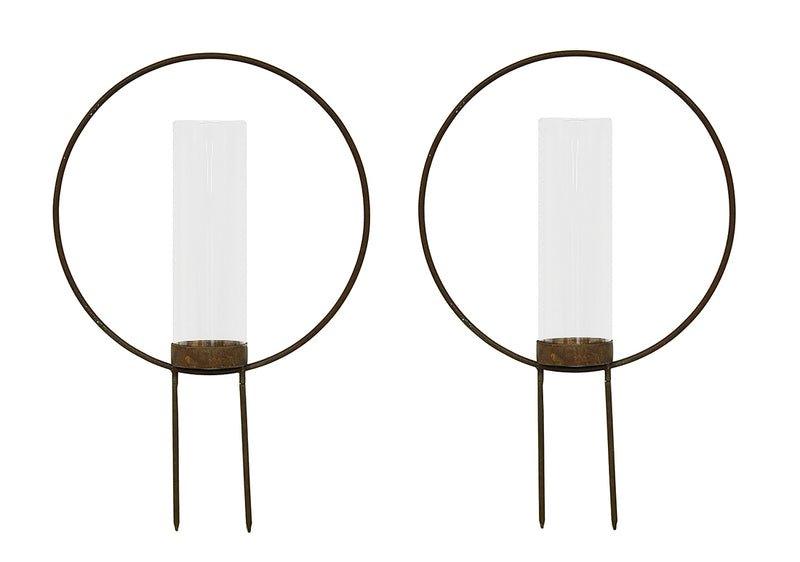 Set of 2 Rust Color Metal Hoop Outdoor Ground Candleholders 12 inch Image 1