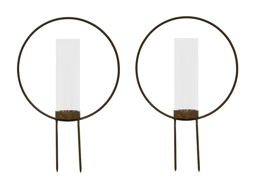 Set of 2 Rust Color Metal Hoop Outdoor Ground Candleholders 12 inch Image 1