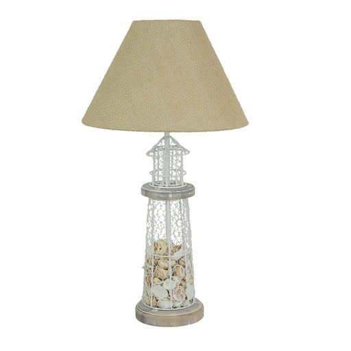 White and Grey Metal Lighthouse Table Lamp with Real Seashell Fill and Rustic Burlap Shade - 21.5 Inches High, 12 Inches in