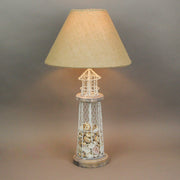 White and Grey Metal Lighthouse Table Lamp with Real Seashell Fill and Rustic Burlap Shade - 21.5 Inches High, 12 Inches in