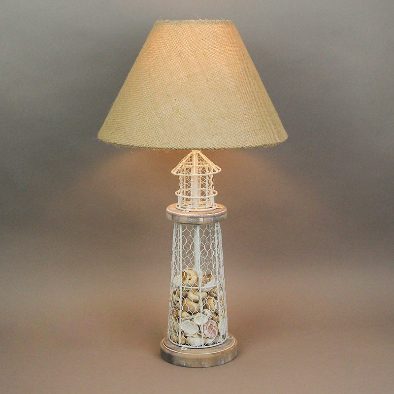White and Grey Metal Lighthouse Table Lamp with Real Seashell Fill and Rustic Burlap Shade - 21.5 Inches High, 12 Inches in