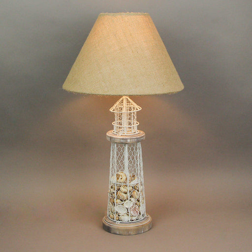White and Grey Metal Lighthouse Table Lamp with Real Seashell Fill and Rustic Burlap Shade - 21.5 Inches High, 12 Inches in