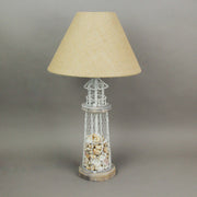 White and Grey Metal Lighthouse Table Lamp with Real Seashell Fill and Rustic Burlap Shade - 21.5 Inches High, 12 Inches in