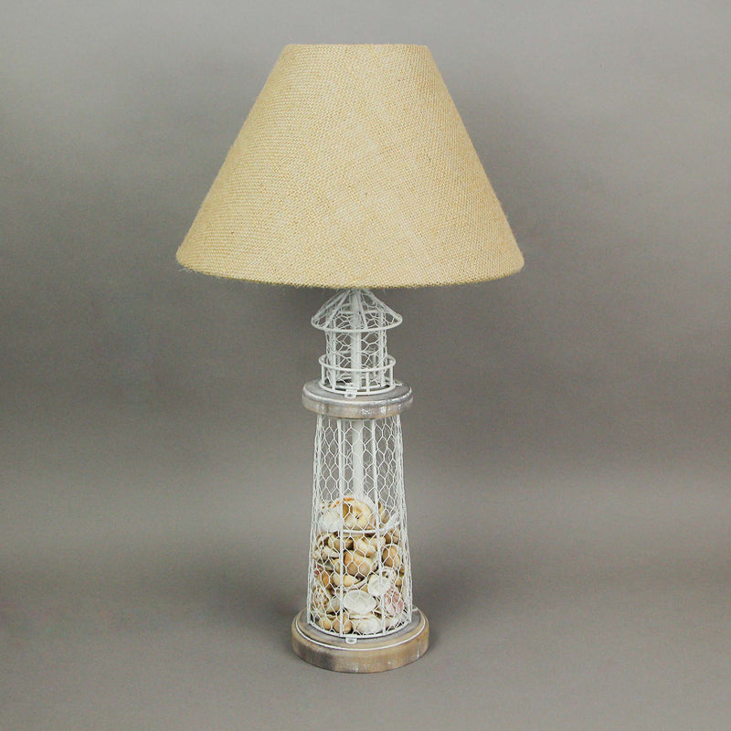 White and Grey Metal Lighthouse Table Lamp with Real Seashell Fill and Rustic Burlap Shade - 21.5 Inches High, 12 Inches in
