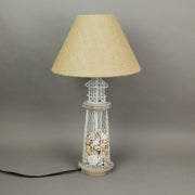 White and Grey Metal Lighthouse Table Lamp with Real Seashell Fill and Rustic Burlap Shade - 21.5 Inches High, 12 Inches in