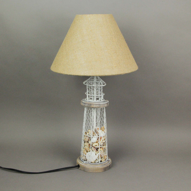 White and Grey Metal Lighthouse Table Lamp with Real Seashell Fill and Rustic Burlap Shade - 21.5 Inches High, 12 Inches in