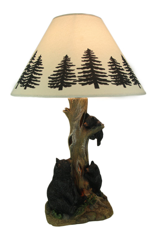 Playful Black Bears Climbing Pine Tree Rustic Table Lamp with Nightlight Base Image 1