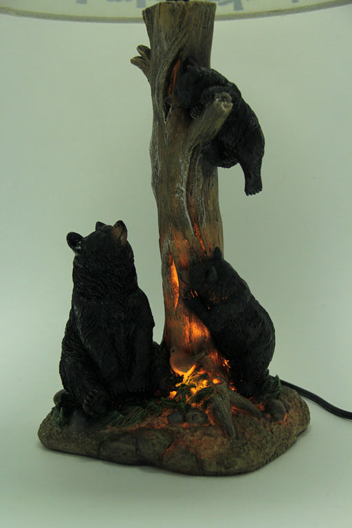 Playful Black Bears Climbing Pine Tree Rustic Table Lamp with Nightlight Base Image 2