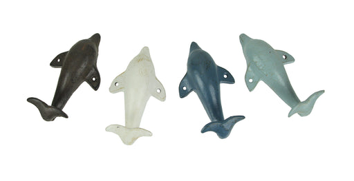 4 Piece Distressed Finish Cast Iron Dolphin Wall Décor Towel / Coat Hook Set Coastal Colors Image 1