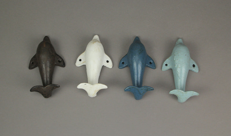 4 Piece Distressed Finish Cast Iron Dolphin Wall Décor Towel / Coat Hook Set Coastal Colors Image 2