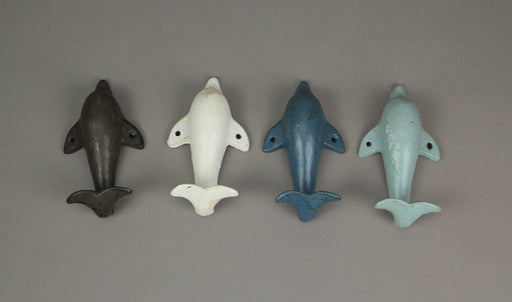 4 Piece Distressed Finish Cast Iron Dolphin Wall Décor Towel / Coat Hook Set Coastal Colors Image 2