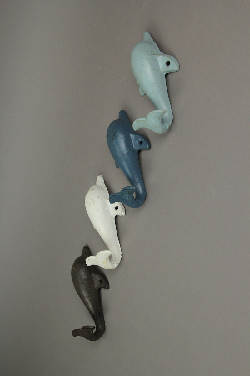 4 Piece Distressed Finish Cast Iron Dolphin Wall Décor Towel / Coat Hook Set Coastal Colors Image 3