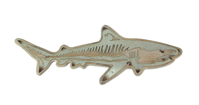 Distressed Natural Tan Wood and Metal Shark Wall Hanging Plaque - 33 Inches Long - Nautical Charm and Coastal Elegance -