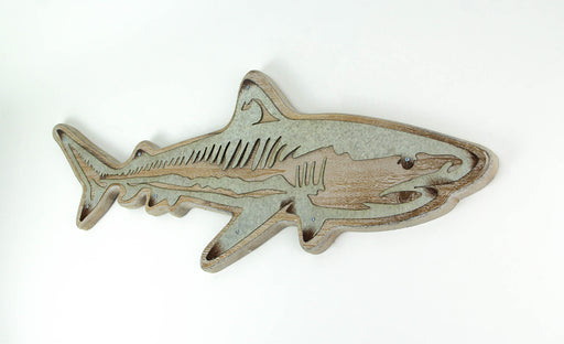 Distressed Natural Tan Wood and Metal Shark Wall Hanging Plaque - 33 Inches Long - Nautical Charm and Coastal Elegance -