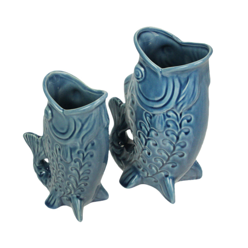 Blue - Image 2 - Zeckos Ceramic Decorative Vases Set of 2, Coastal Fish Design with Glossy Blue Finish, 6.75 X 7 X 2.75 in