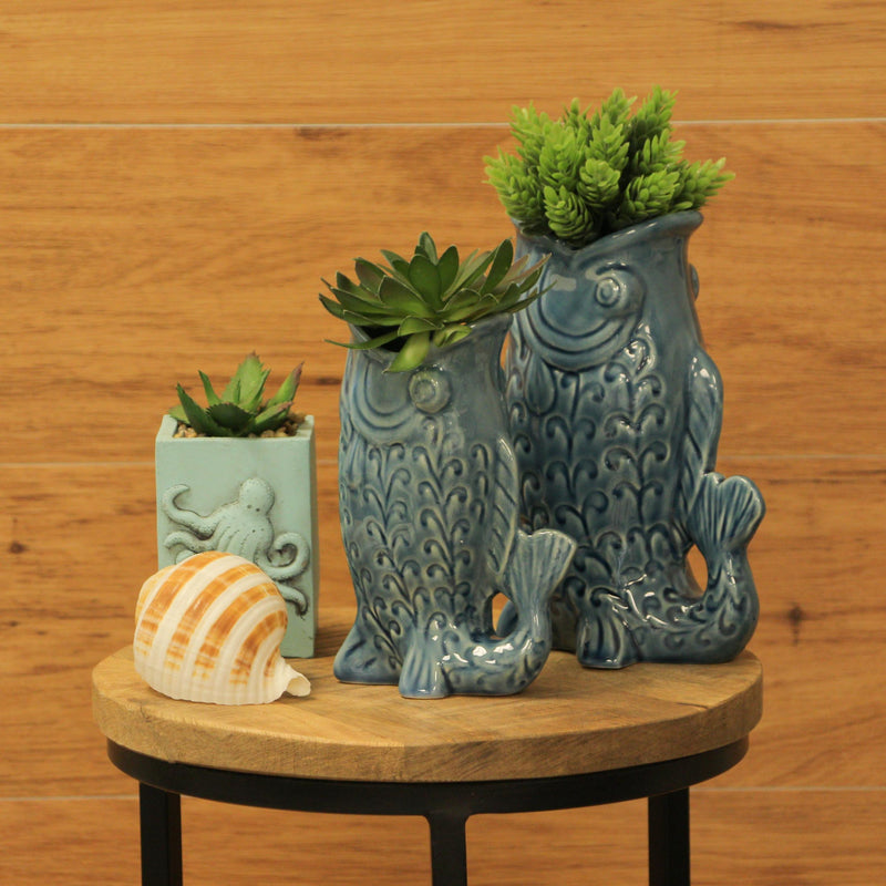Blue - Image 4 - Zeckos Ceramic Decorative Vases Set of 2, Coastal Fish Design with Glossy Blue Finish, 6.75 X 7 X 2.75 in