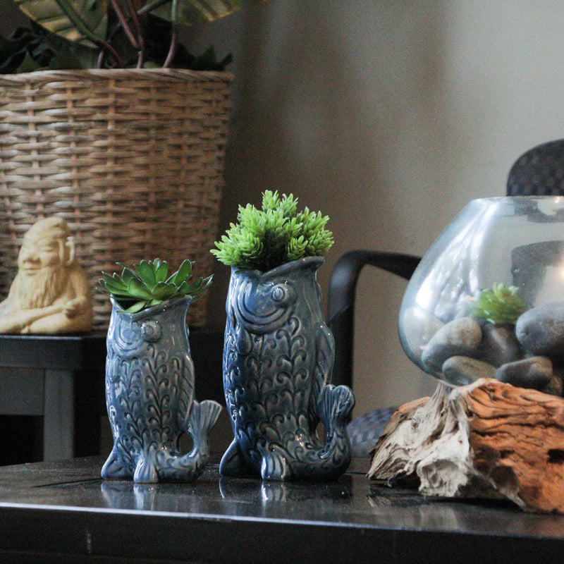 Blue - Image 6 - Zeckos Ceramic Decorative Vases Set of 2, Coastal Fish Design with Glossy Blue Finish, 6.75 X 7 X 2.75 in