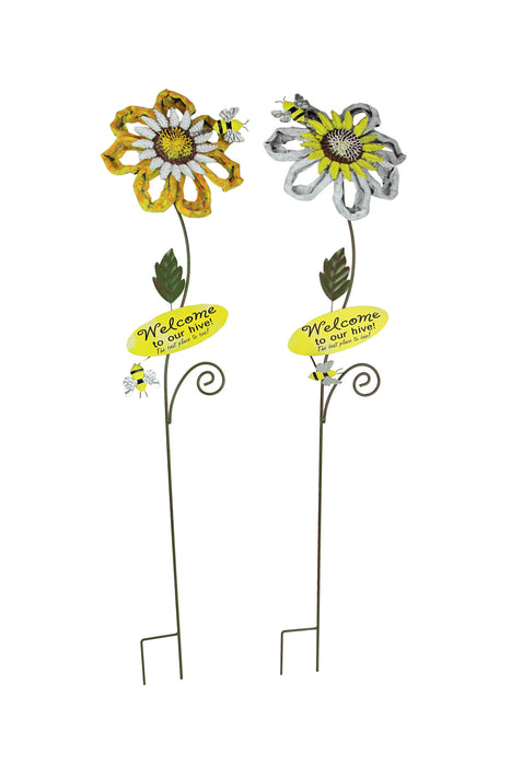 Set of 2 White Yellow Honey Bee Sunflower Garden Stake Welcome Sign Yard Decor Image 1