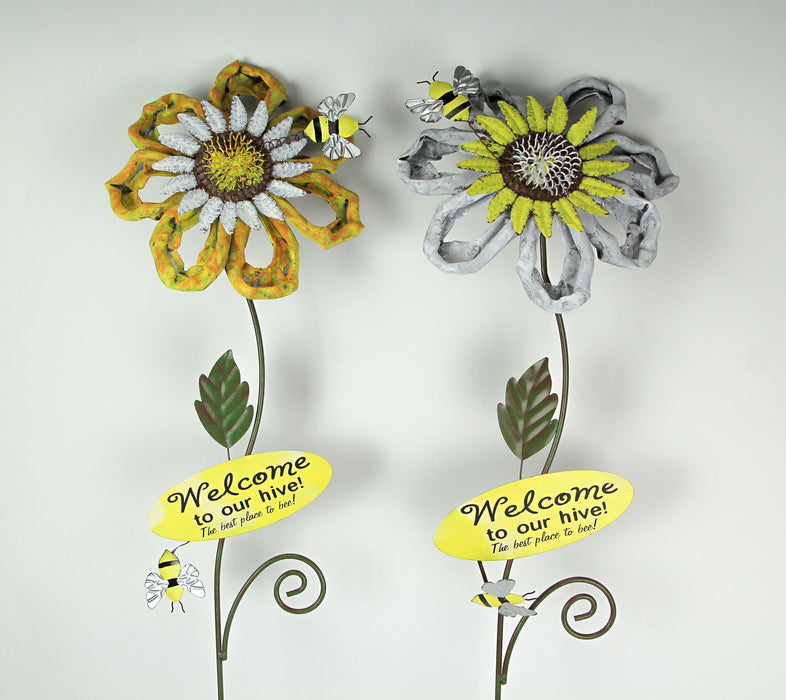 Set of 2 White Yellow Honey Bee Sunflower Garden Stake Welcome Sign Yard Decor Image 2