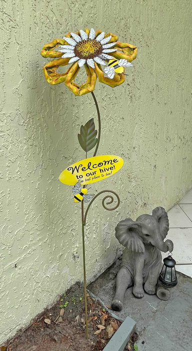 Set of 2 White Yellow Honey Bee Sunflower Garden Stake Welcome Sign Yard Decor Image 5