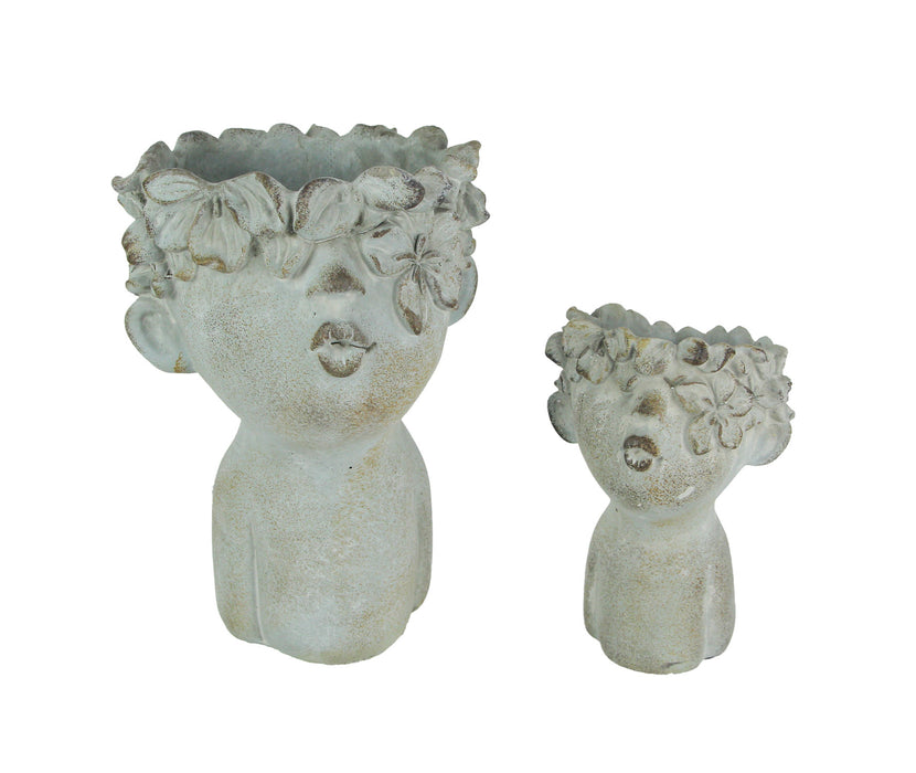 Pair of Pucker Up Kissing Face Weathered Finish Concrete Head Planters Small and Large Outdoor Décor Image 1