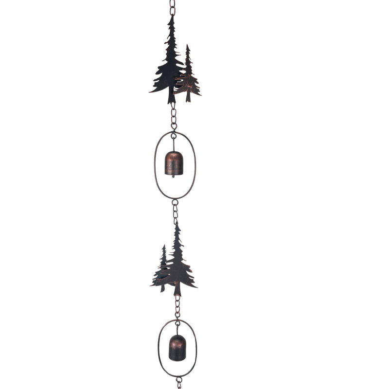 Brown - Image 2 - 70-Inch Metal Rain Chain with 5 Forest Tree Silhouettes & Zen Bells, Aged Bronze Finish, 3.25-Inch