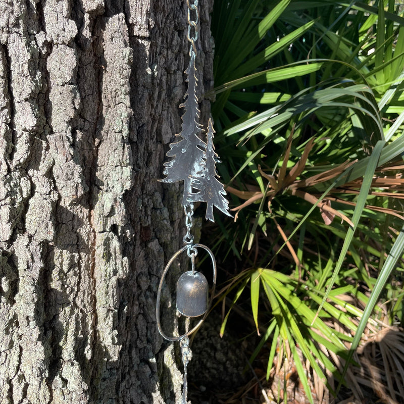 Black - Image 4 - 70-Inch Metal Rain Chain with 5 Forest Tree Silhouettes & Zen Bells, Dark Verdigris Finish, 3.25-Inch