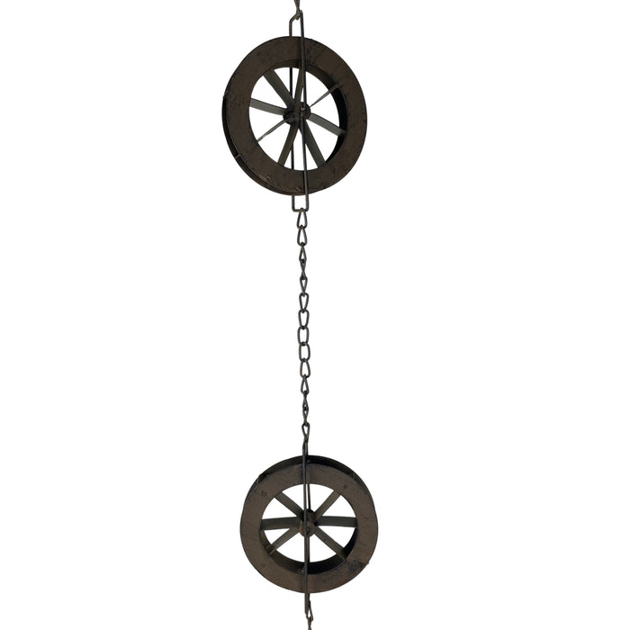 Brown - Image 2 - 78-Inch Metal Rain Chain with 6 Water Wheels & Weighted Bell, Rustic Brown Finish, Decorative Downspout