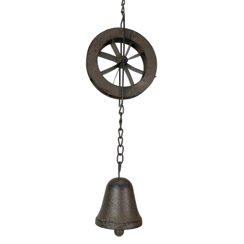Brown - Image 11 - 78-Inch Metal Rain Chain with 6 Water Wheels & Weighted Bell, Rustic Brown Finish, Decorative Downspout