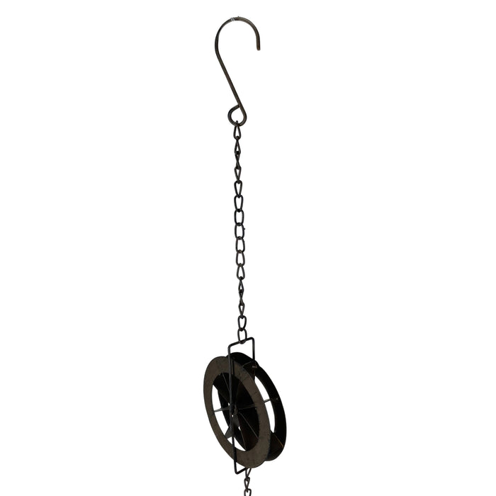 Brown - Image 12 - 78-Inch Metal Rain Chain with 6 Water Wheels & Weighted Bell, Rustic Brown Finish, Decorative Downspout