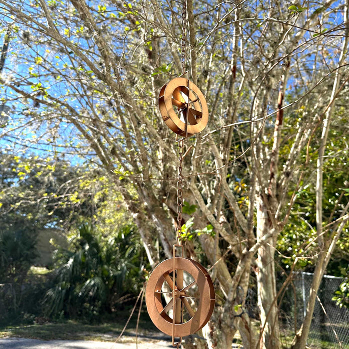 Copper - Image 7 - 78-Inch Metal Rain Chain with 6 Water Wheels & Weighted Bell, Bronze Finish, Decorative and Functional