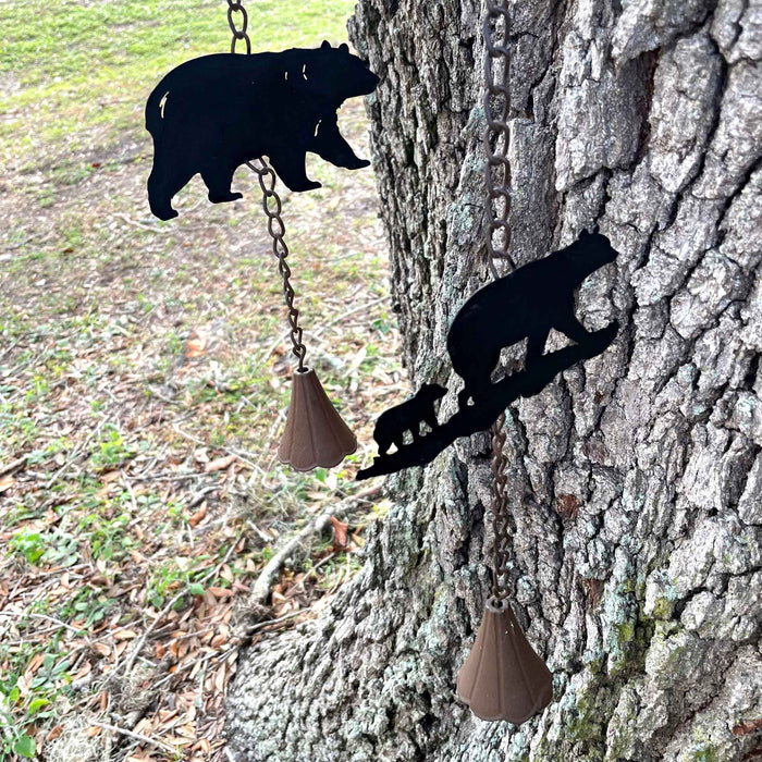 Set of 2 Rain Chains, 52-Inch Long with Alternating Black Bear and Tree Silhouettes, 4-Inch Diameter, Bell Accents,