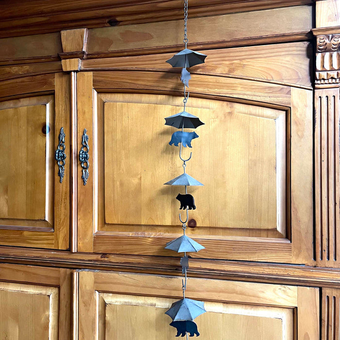 Brown - Image 6 - Rustic Black Bear & Umbrella Rain Chain - 75 inches Long Distressed Copper Finish, 10 Decorative 3D