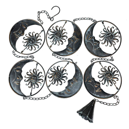 Black - Image 1 - 80-Inch Metal Rain Chain with 6 Celestial Crescent Moon & Sun Discs, Dark Verdigris Finish, Decorative