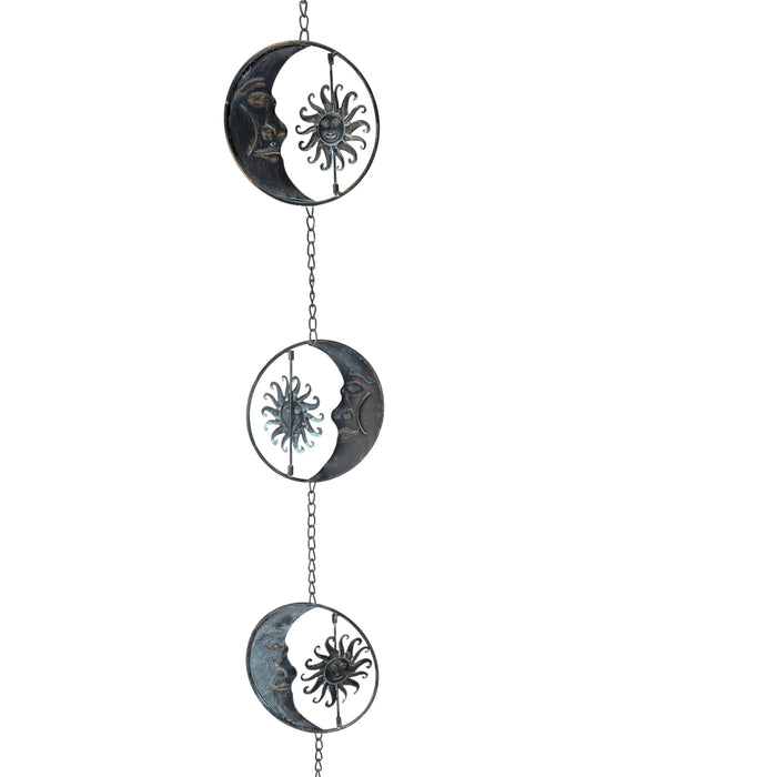 Black - Image 2 - 80-Inch Metal Rain Chain with 6 Celestial Crescent Moon & Sun Discs, Dark Verdigris Finish, Decorative