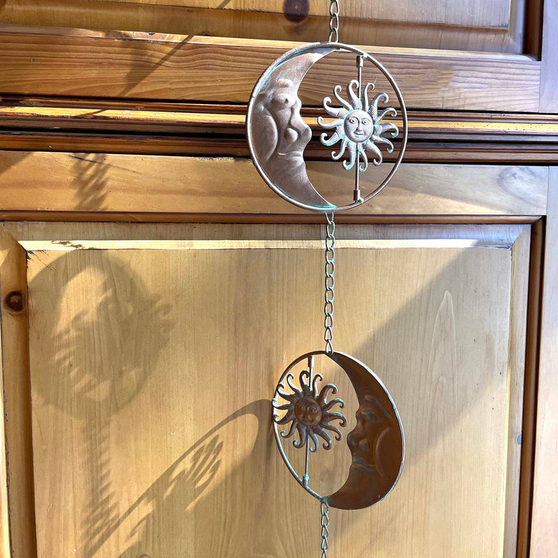Copper - Image 6 - 80-Inch Metal Rain Chain with 6 Celestial Crescent Moon & Sun Discs, Bronze Finish, Decorative Downspout