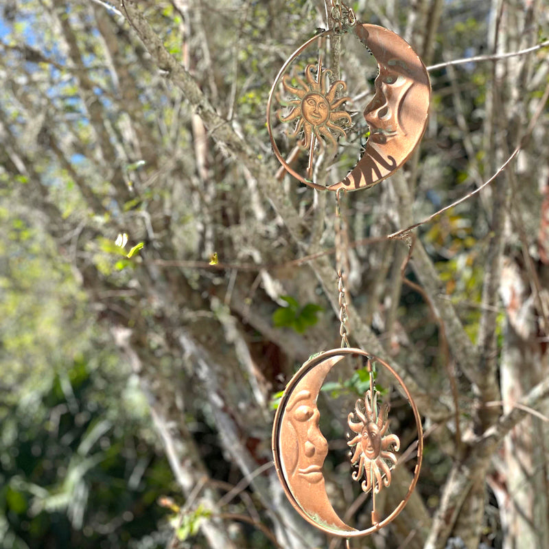 Copper - Image 8 - 80-Inch Metal Rain Chain with 6 Celestial Crescent Moon & Sun Discs, Bronze Finish, Decorative Downspout