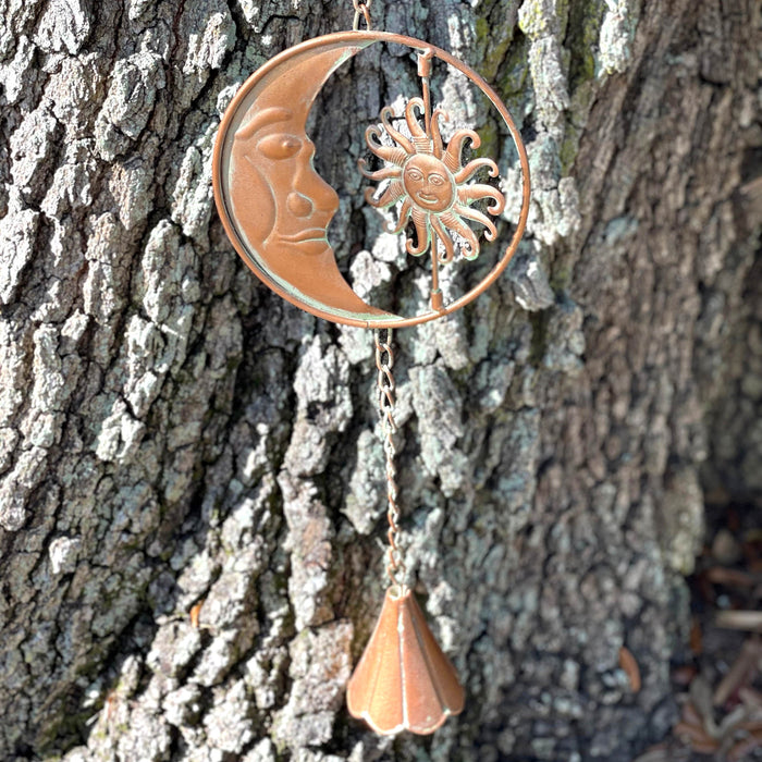 Copper - Image 4 - 80-Inch Metal Rain Chain with 6 Celestial Crescent Moon & Sun Discs, Bronze Finish, Decorative Downspout