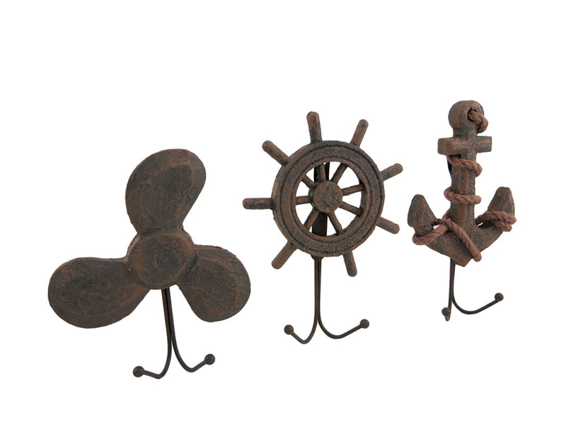 Set of 3 Weathered Finish Anchor Prop and Wheel Nautical Wall Hooks Image 1