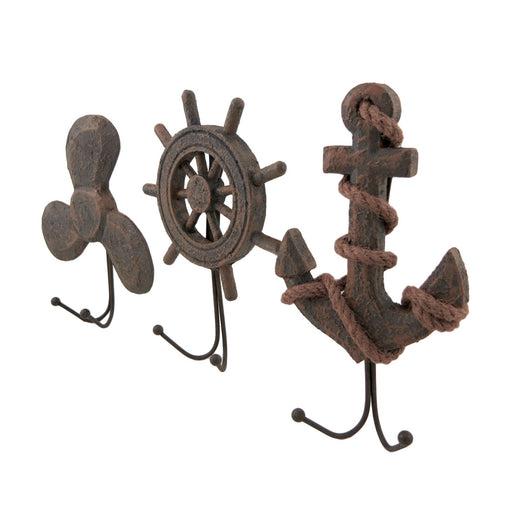 Set of 3 Weathered Finish Anchor Prop and Wheel Nautical Wall Hooks Image 2