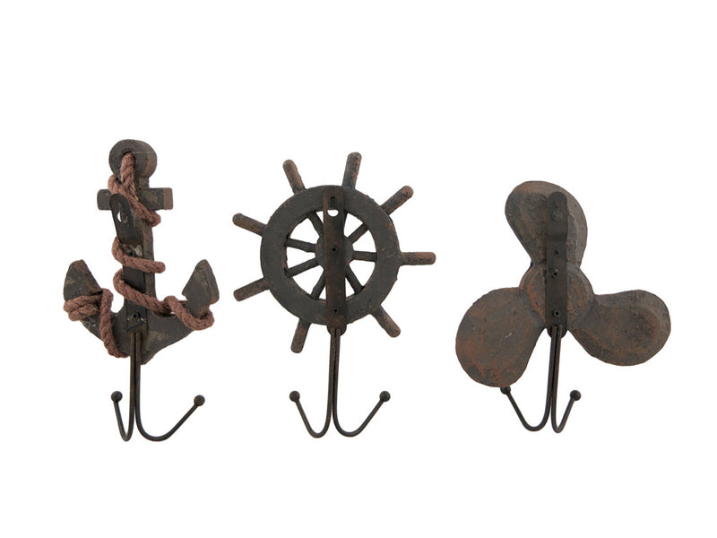 Set of 3 Weathered Finish Anchor Prop and Wheel Nautical Wall Hooks Image 3
