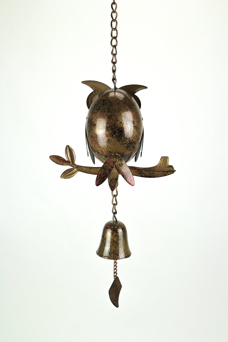 Enchanting Tin Owl Wind Chime with Mottled Finish: Decorative Metal Sculpture and Melodic Garden Accent, 15 Inches High -