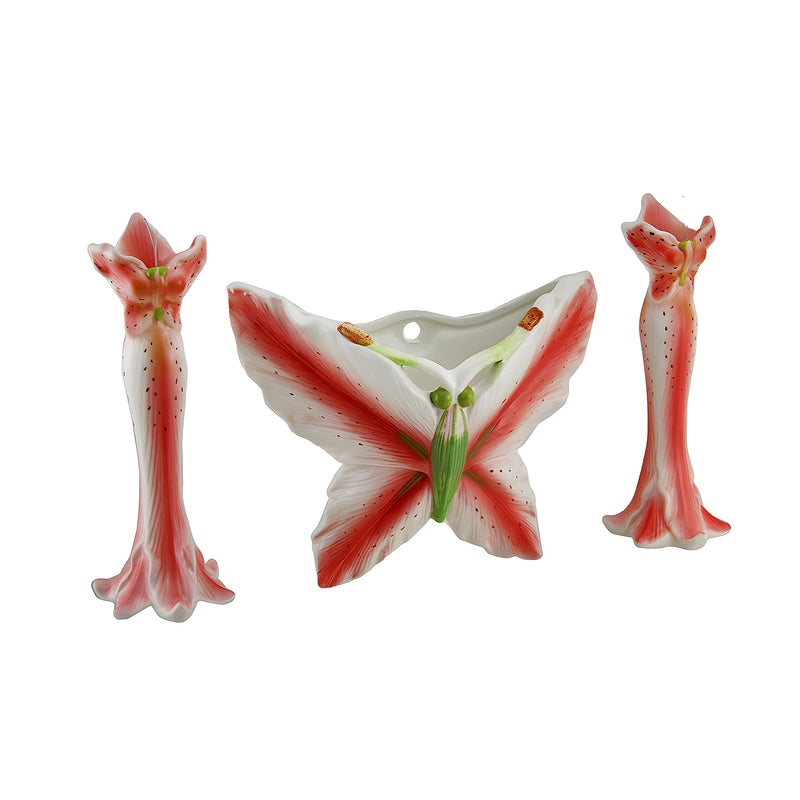 3 Pc. Pink Tiger Lily Flower Candle Holder and Butterfly Vase Set Image 1