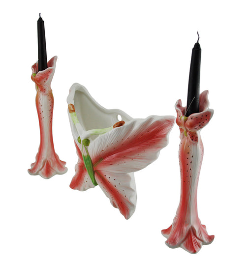 3 Pc. Pink Tiger Lily Flower Candle Holder and Butterfly Vase Set Image 2