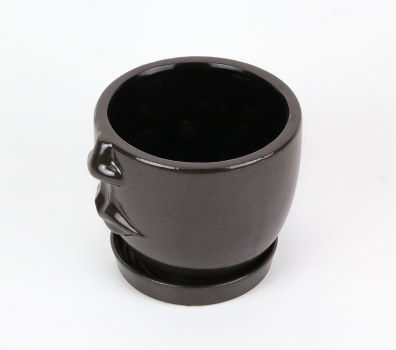 Face Planter, 6 Inch Brown Ceramic Hand Painted Flower Pot Image 2