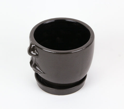 Face Planter, 6 Inch Brown Ceramic Hand Painted Flower Pot Image 2