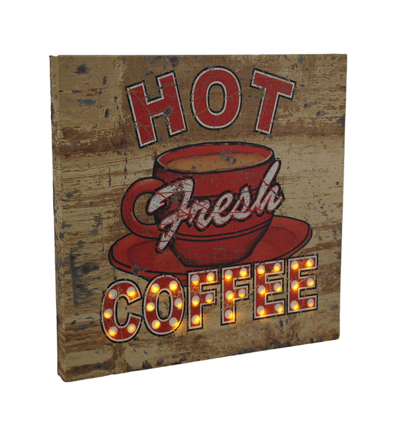 Hot Fresh LED Lighted Coffee Vintage Finish Canvas Wall Hanging Image 1