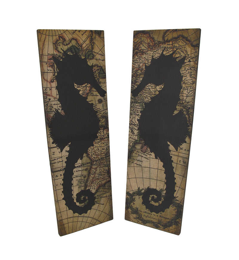 Set of 2 Seahorse Silhouette Old World Map Canvas Wall Hangings Image 1